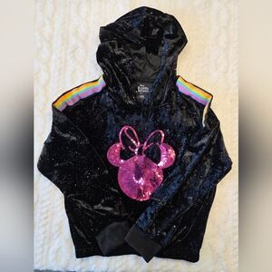 Disney Minnie Mouse Black Velvet Sequin Hoodie – Girls 6/6X – Rainbow Sleeve